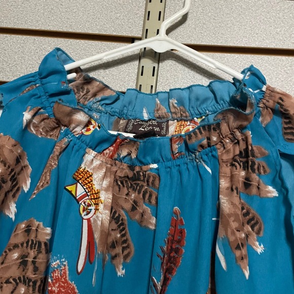 Cowgirl Legend Off The Shoulder Turquoise Feather Print Peasant Blouse Top M - Picture 5 of 7